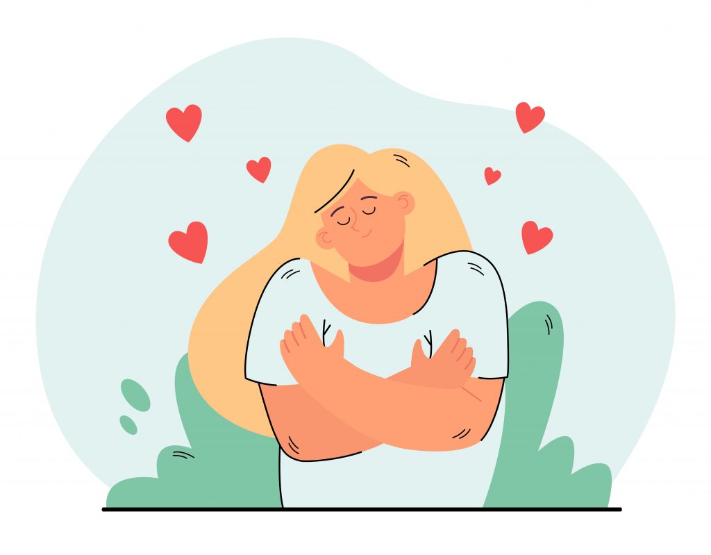 Cute peaceful woman hugging her shoulders 1