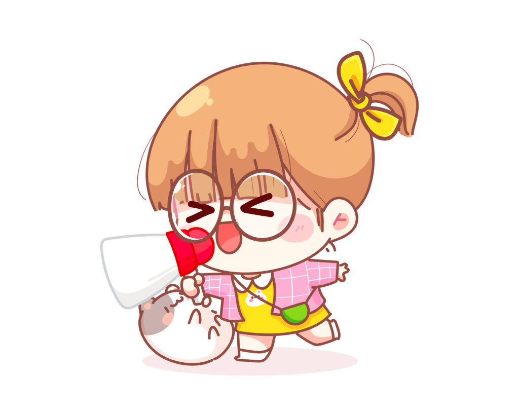 Cute girl with megaphone screaming cartoon illustration